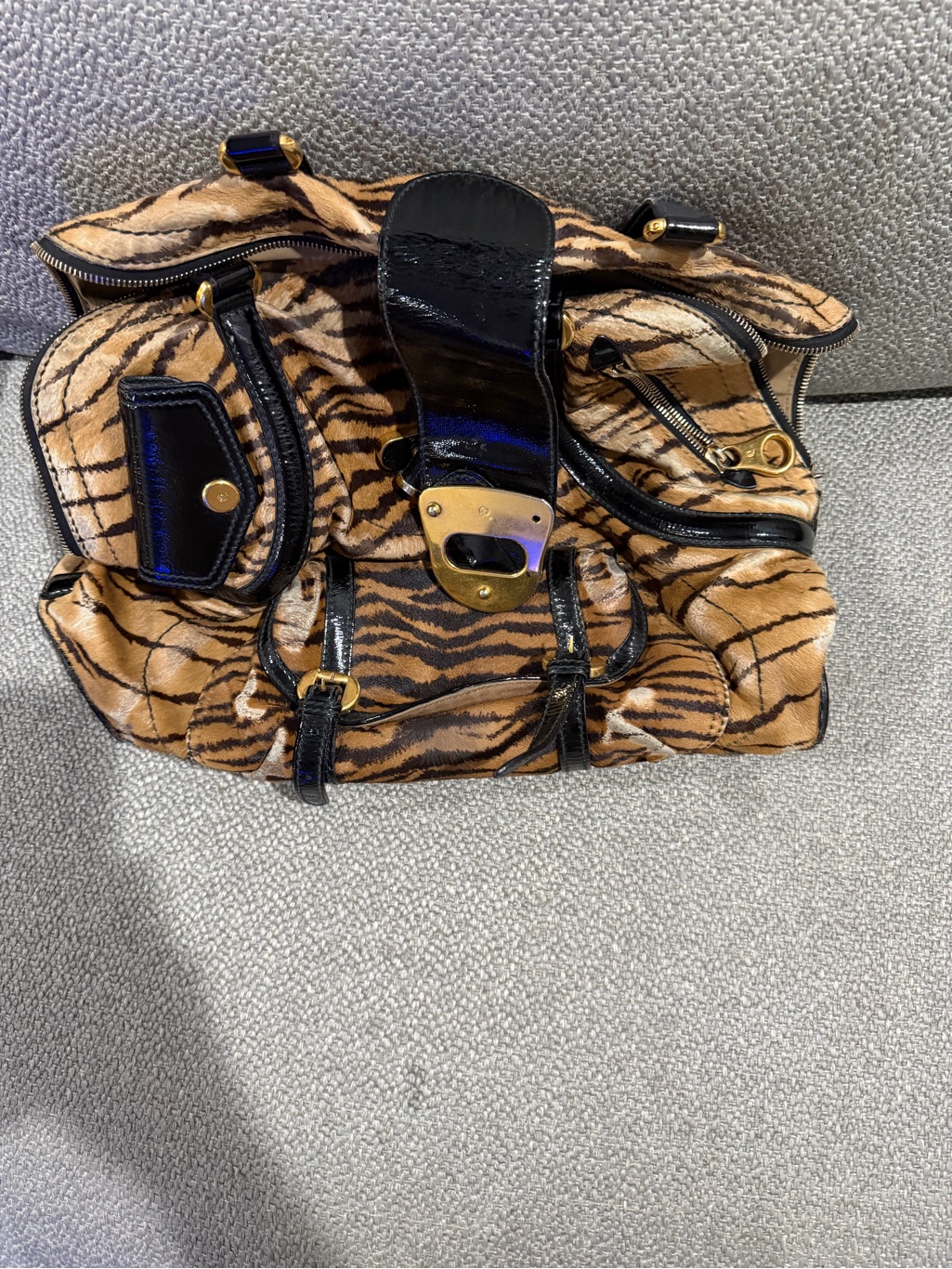 Alexander Mcqueen Tiger Print Satchel With Black Patent Trim
